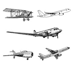Set of the hand drawn planes or aircraft of different times and purposes doodle sketch graphics monochrome vector tracing illustration on white background