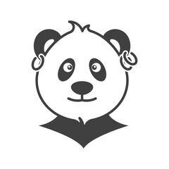 Panda head portrait icon with earrings in the ears. Ear piercing. Simple, cute image of a stylish panda. Isolated vector on pure white background.