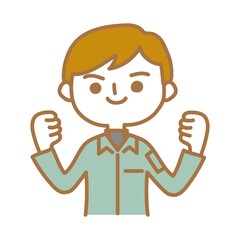 ガッツポーズをする作業員男性