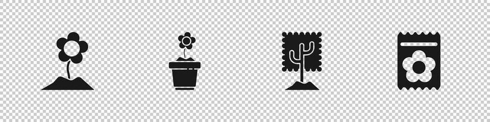Set Flower, in pot, Tree and Pack full of seeds of plant icon. Vector