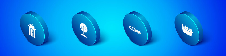 Set Isometric Farm house, Chainsaw, Fresh grass rectangular and Tree icon. Vector