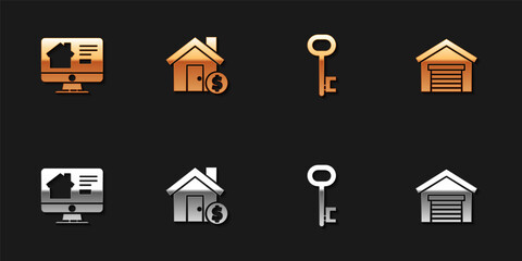 Set Online real estate house, House with dollar symbol, key and Garage icon. Vector