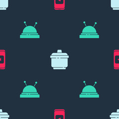 Set Online play video, Cooking pot and Needle bed and needles on seamless pattern. Vector
