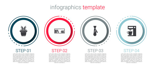 Set Plant in pot, Shelf with books, Tie and Coffee machine. Business infographic template. Vector