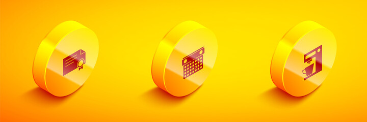 Set Isometric Certificate template, Calendar and Coffee machine icon. Vector