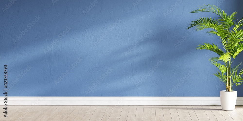 Poster empty room with a plant and blue wall mock up. 3d rendering. 3d illustration.
