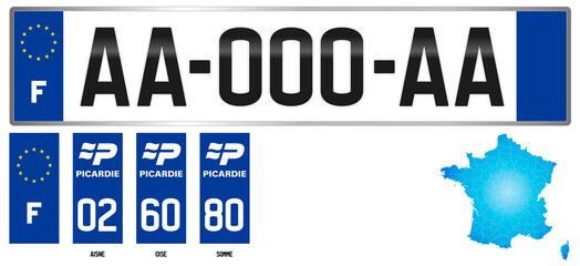 Picardie, France, french regional license plate template, detail of the side label of the department, vector illustration, example of numbering