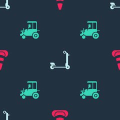 Set Traffic cone, Scooter and Tractor on seamless pattern. Vector