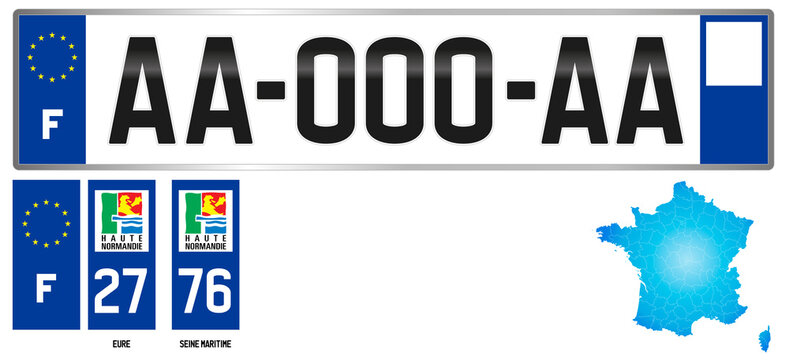 Haute Normandie, France, french regional license plate template, detail of the side label of the department, vector illustration, example of numbering