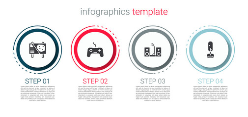 Set Amusement park billboard, Gamepad, Home stereo with two speakers and Tree. Business infographic template. Vector