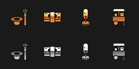 Set Magic hat and wand, Stacks paper money cash, Tree and Fast street food cart icon. Vector