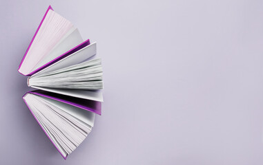 Open books on a purple background. Mock up with education and reading concept. Literature for learning, development and joy