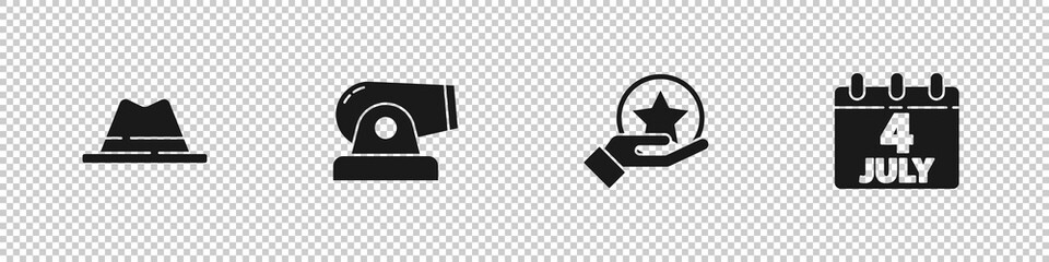 Set Man hat with ribbon, Cannon, USA Independence day and Calendar date July 4 icon. Vector