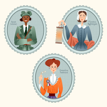 Famous women. Bessie Coleman, Emmeline Pankhurst, Florence Nightingale.