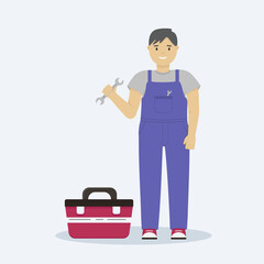 Flat illustration of male mechanic, repairman in overalls with wrench and tool case.