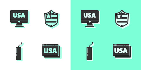 Set USA on browser, monitor, Dynamite bomb and Shield with stars icon. Vector