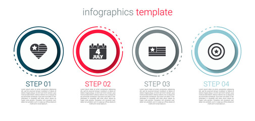 Set USA Independence day, Calendar with date July 4, American flag and star shield. Business infographic template. Vector