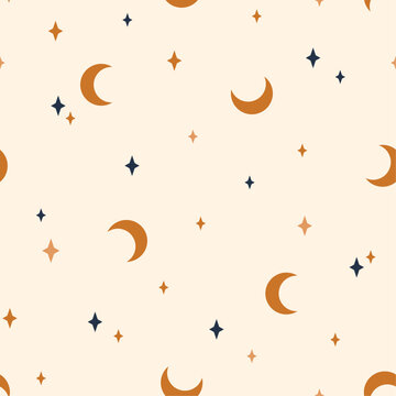 Seamless pattern with moon and stars.  Contemporary  composition. Boho wall decor. Mid century art print. Trendy texture for print, textile, packaging.