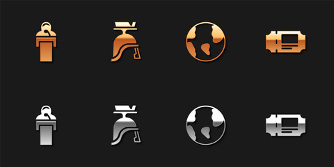 Set Gives lecture, Roman army helmet, Earth globe and Museum ticket icon. Vector