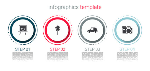 Set Chalkboard, Toy horse, car and Photo camera. Business infographic template. Vector