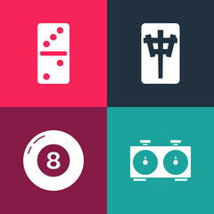 Set pop art Time chess clock, Billiard pool snooker ball, Mahjong pieces and Domino icon. Vector