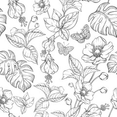 Seamless pattern with Tropical Jungle leaves and exotic plants. Black and white