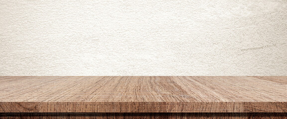 Wood table and brown wall background in kitchen, Wooden shelf, counter for food and product display...
