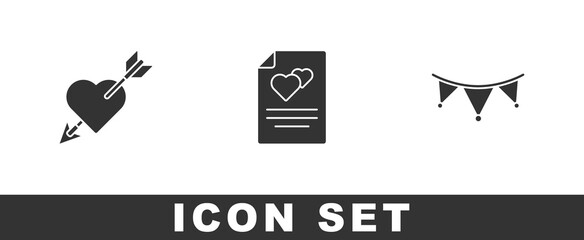 Set Amour with heart and arrow, Greeting card and Carnival garland flags icon. Vector