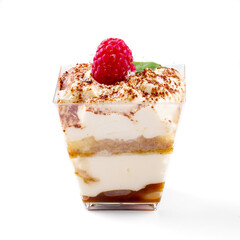 Isolated tiramisu trifle dessert with raspberry on the white background