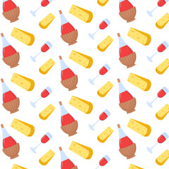 vector pattern on the theme of a picnic and an aperitif with cheese, a bottle and a glass of red wine on a white background