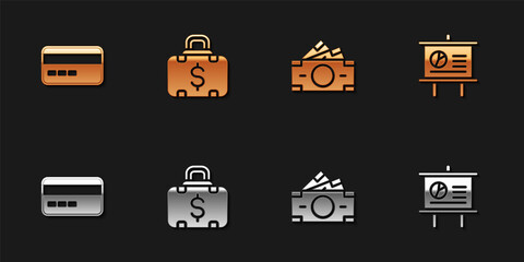 Set Credit card, Briefcase and money, Stacks paper cash and Chalkboard with diagram icon. Vector