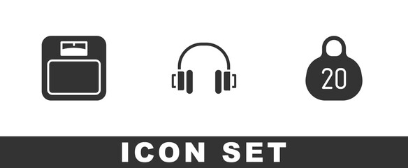 Set Bathroom scales, Headphones and Kettlebell icon. Vector
