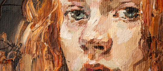 Art painting. Fragment of portrait of a girl with brown hair is made in a classic style. .