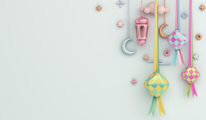 Islamic decoration background with ketupat, lantern and crescent cartoon style, ramadan kareem, eid al fitr, copy space text area, 3D illustration. © sofirinaja
