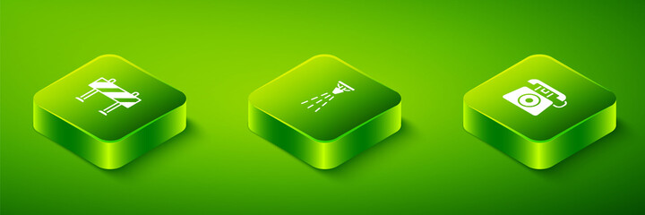 Set Isometric Fire sprinkler, Telephone call 911 and Road barrier icon. Vector