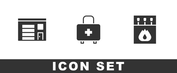 Set Building of fire station, First aid kit and Matchbox and matches icon. Vector