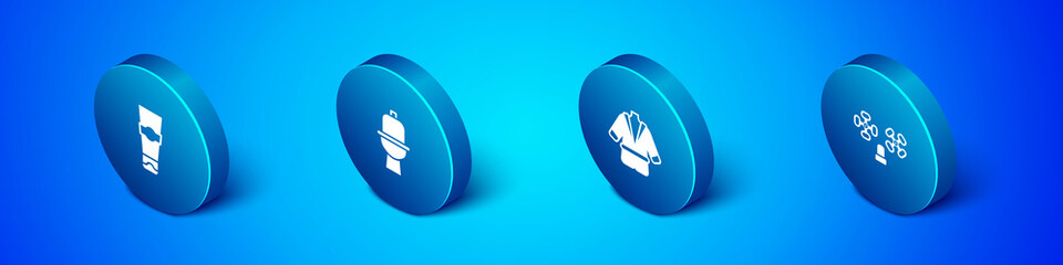 Set Isometric Tube of toothpaste, Bathrobe, Water tap and Toilet bowl icon. Vector