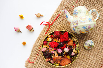 oriental sweets. traditional Turkish baklava with pistachios and pomegranate tea