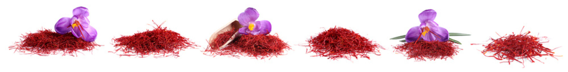 Set with dried saffron and crocus flowers on white background. Banner design