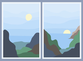 Set of two minimalist landscapes. Abstract mountains and sea. stylish background. Sunset and sunrise. The concept of travel, recreation and tourism. Beautiful nature in the daytime. Vector