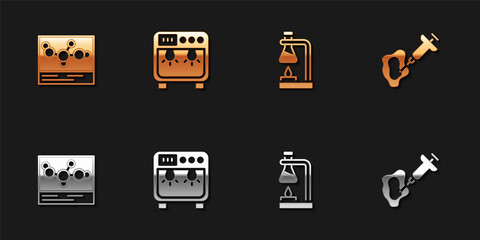 Set Chemical formula, Biosafety box, Test tube flask on fire and Syringe icon. Vector