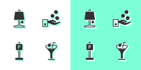 Set Martini glass, Table lamp, Parking and Paying tips icon. Vector