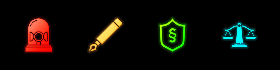Set Flasher siren, Fountain pen nib, Justice law shield and Scales of justice icon. Vector