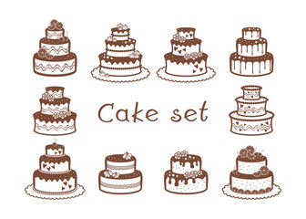 Set of wedding and birthday cakes with flowers, fruits and meringues on a white background. Vector decorative elements for bakery, cafe, sweet shop, pastry shop, confectionery, packaging and wrapper