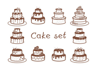 Set of birthday and wedding cakes with fruits, meringues, and flowers. Vector decorative element for bakery, cafe, sweet shop, pastry shop, confectionery, packaging, wrapper, menu, signboard and label