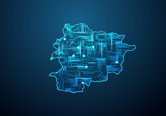 Abstract futuristic map of andorra.Circuit Board Design Electric of the region. Technology background. mash line and point scales on dark with map.