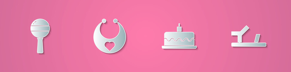 Set paper cut Rattle baby toy, Baby bib, Cake with burning candles and shoes icon. Paper art style. Vector