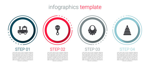 Set Toy train, Rattle baby toy, Baby bib and Pyramid. Business infographic template. Vector