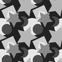 Seamless texture, pattern on a square background - colored geometric shapes - stars, circles, squares, crescents. Background for a site or blog, wallpaper, textiles. Packaging.