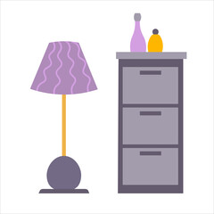 Nightstand or commode wit lamp in flat vector design isolated on white background. Pink and grey color For icon and design